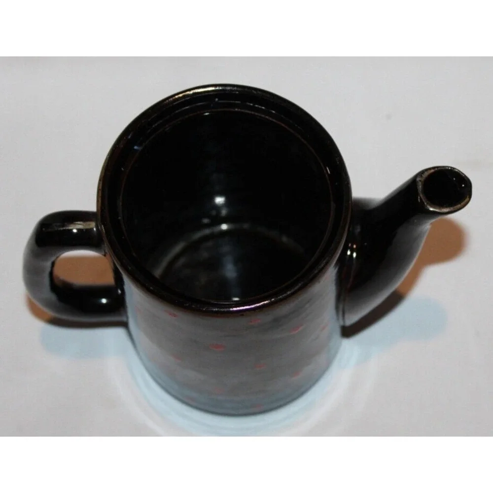 vintage 3 stack tea pot with creamer & cup black red polka dots gold trim Japan